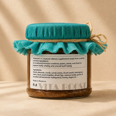 Jar with a decorative blue lid on a beige background