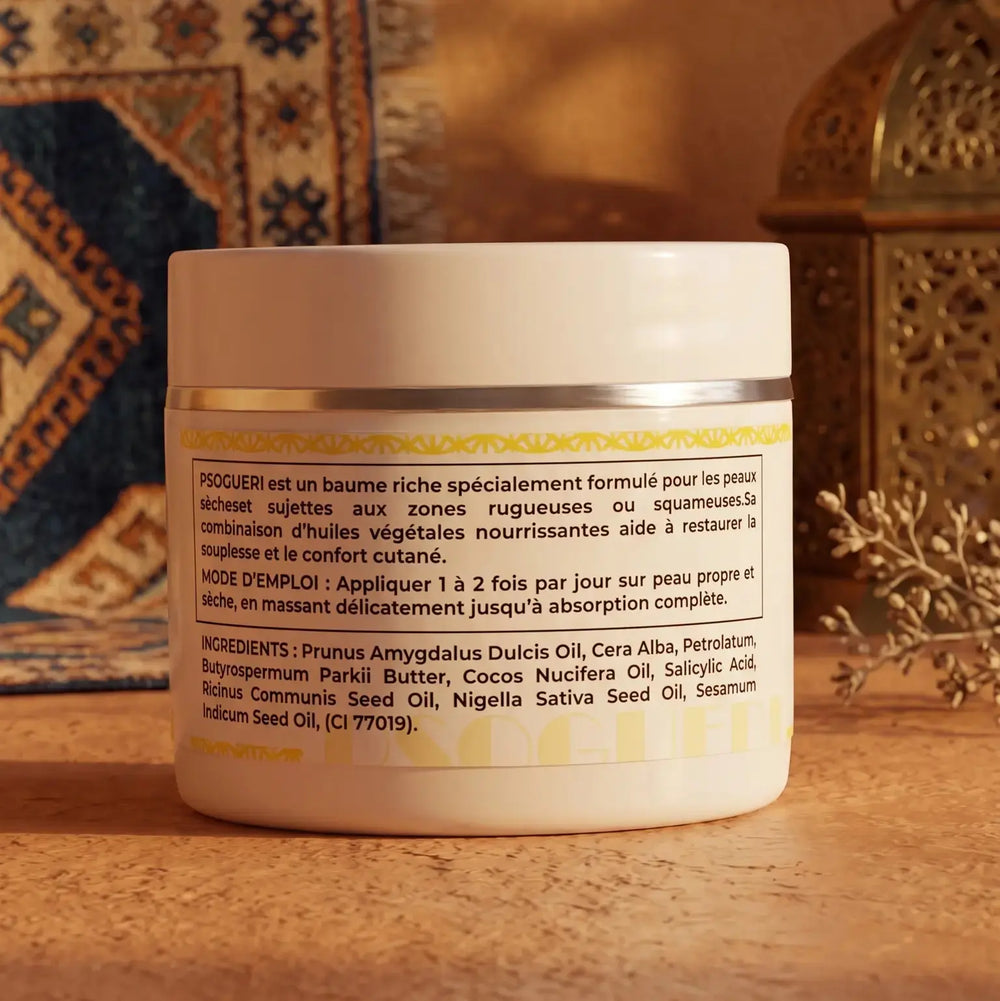 White jar with a label on a wooden surface with decorative elements in the background