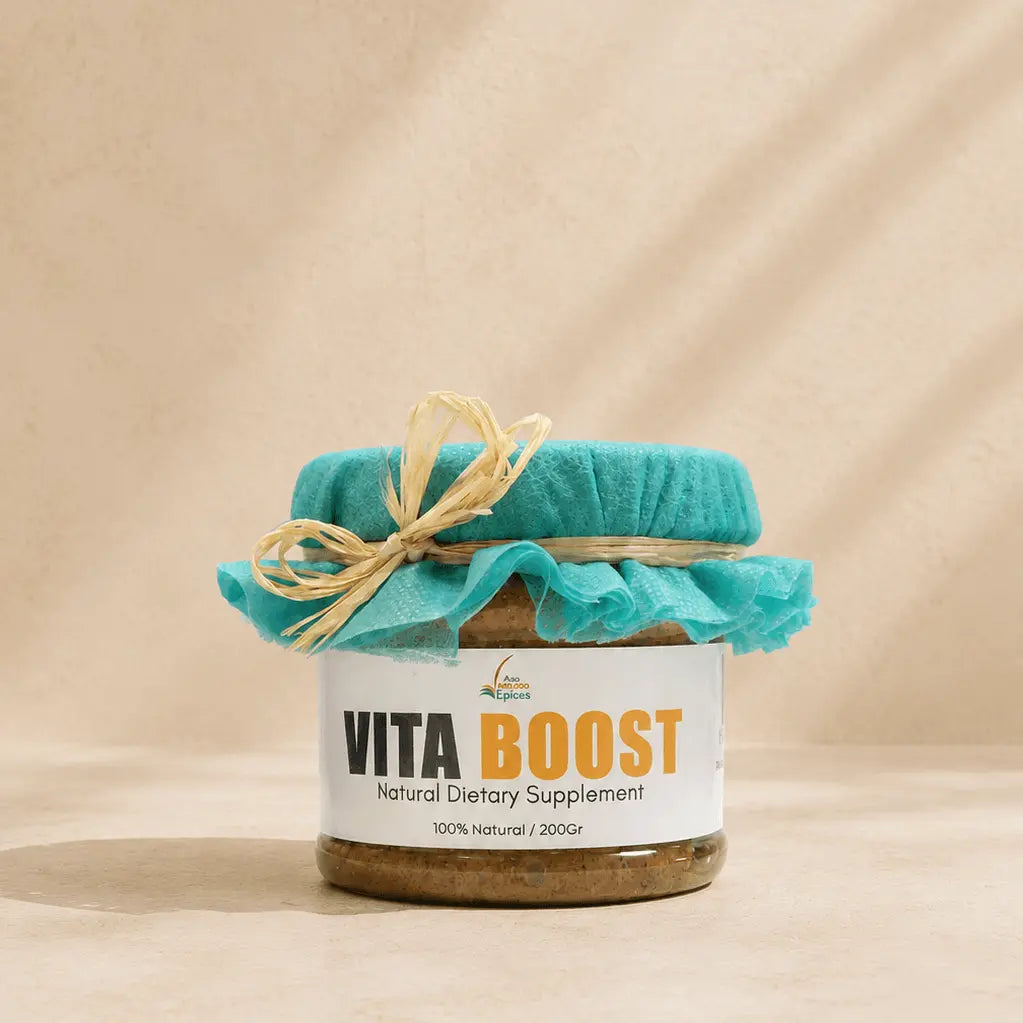 Jar of Vita Boost supplement on a beige background