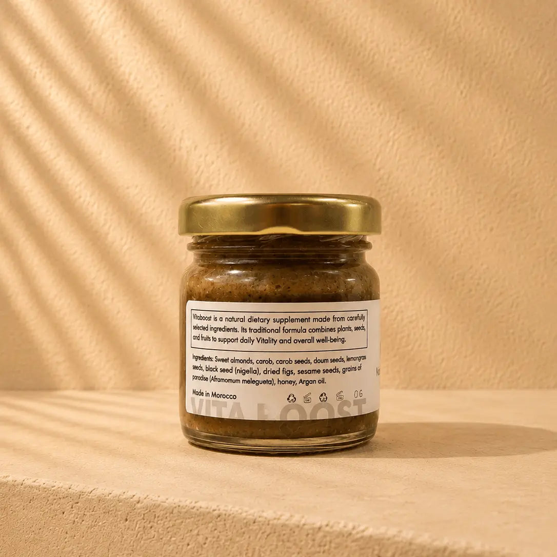 Jar with a label on a beige background