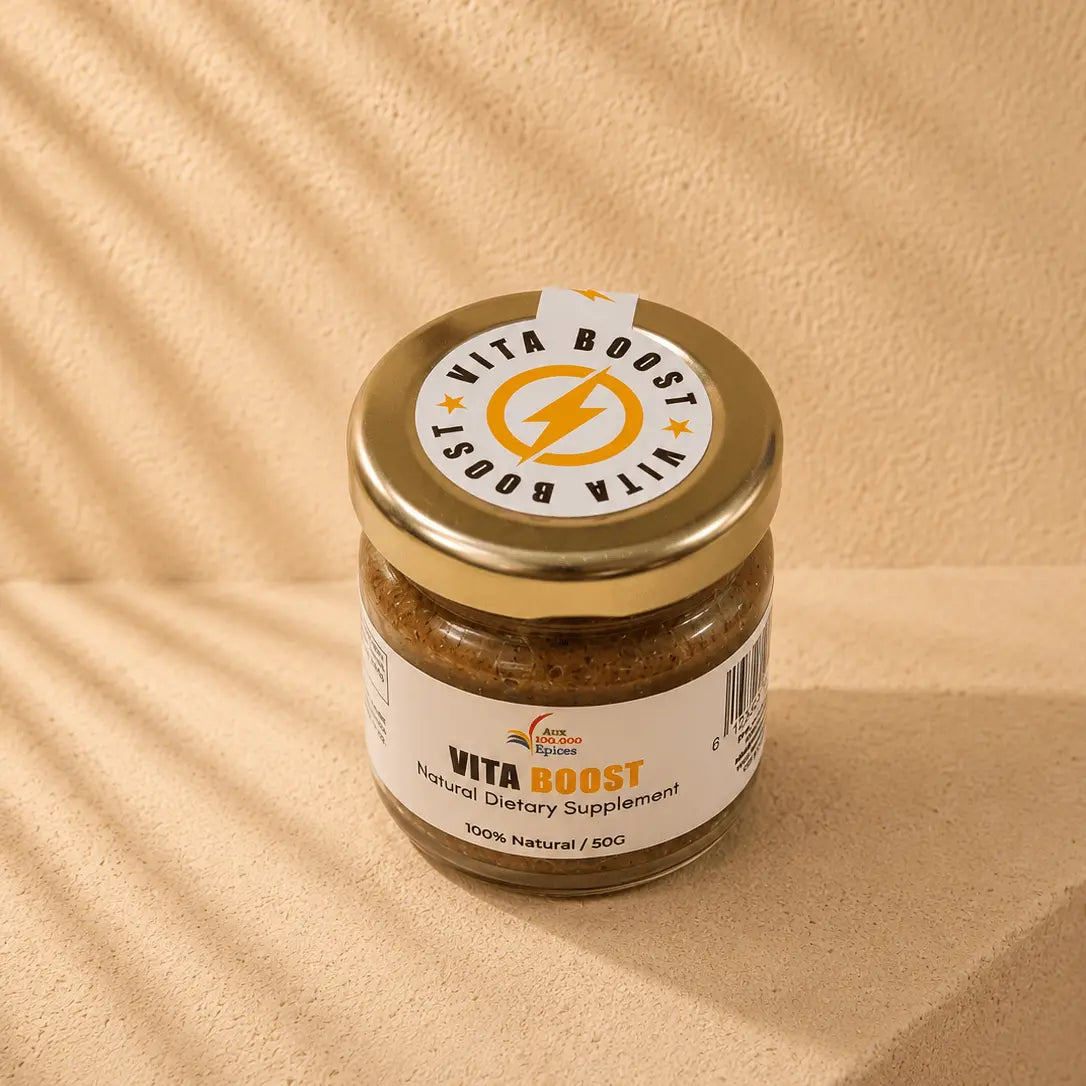 Jar of Vita Boost supplement on a beige background