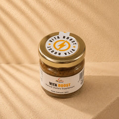 Jar of Vita Boost supplement on a beige background