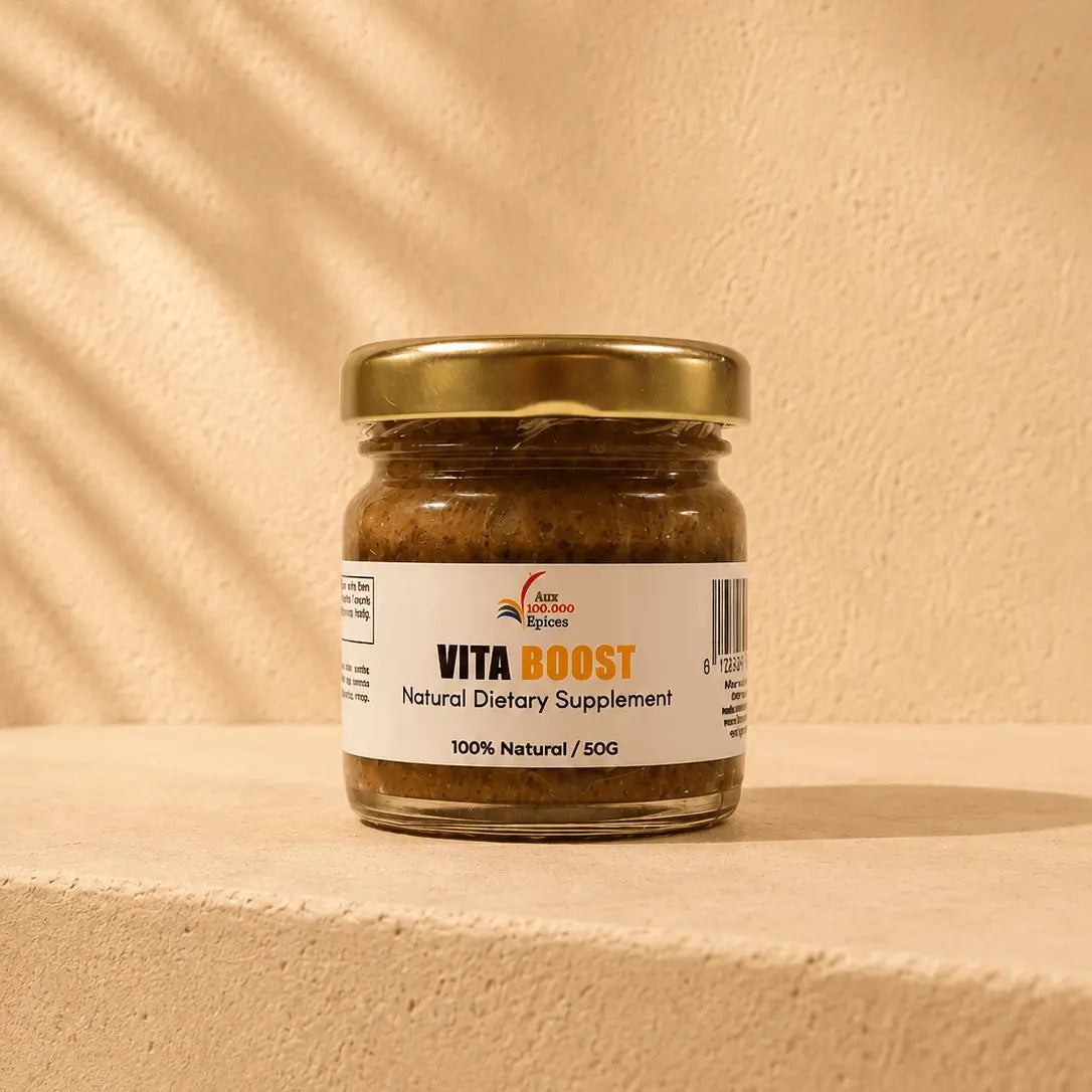 Jar of Vita Boost natural dietary supplement on a beige surface with a beige background