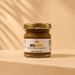 Jar of Vita Boost natural dietary supplement on a beige surface with a beige background